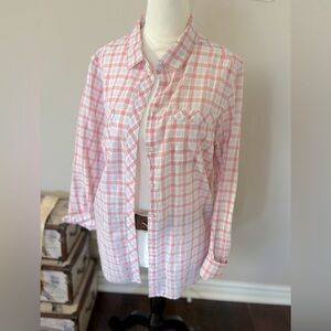 Eddie Bauer Coral & White Gingham Cotton stretch Blouse Size L